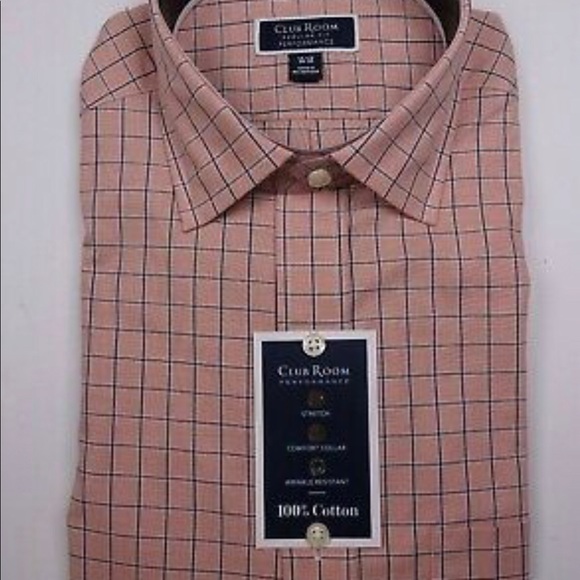 CLUB ROOM Men's Rust Orange Navy Grid Regular Fit Dress Shirt NEW 18 36/37 - Picture 1 of 3